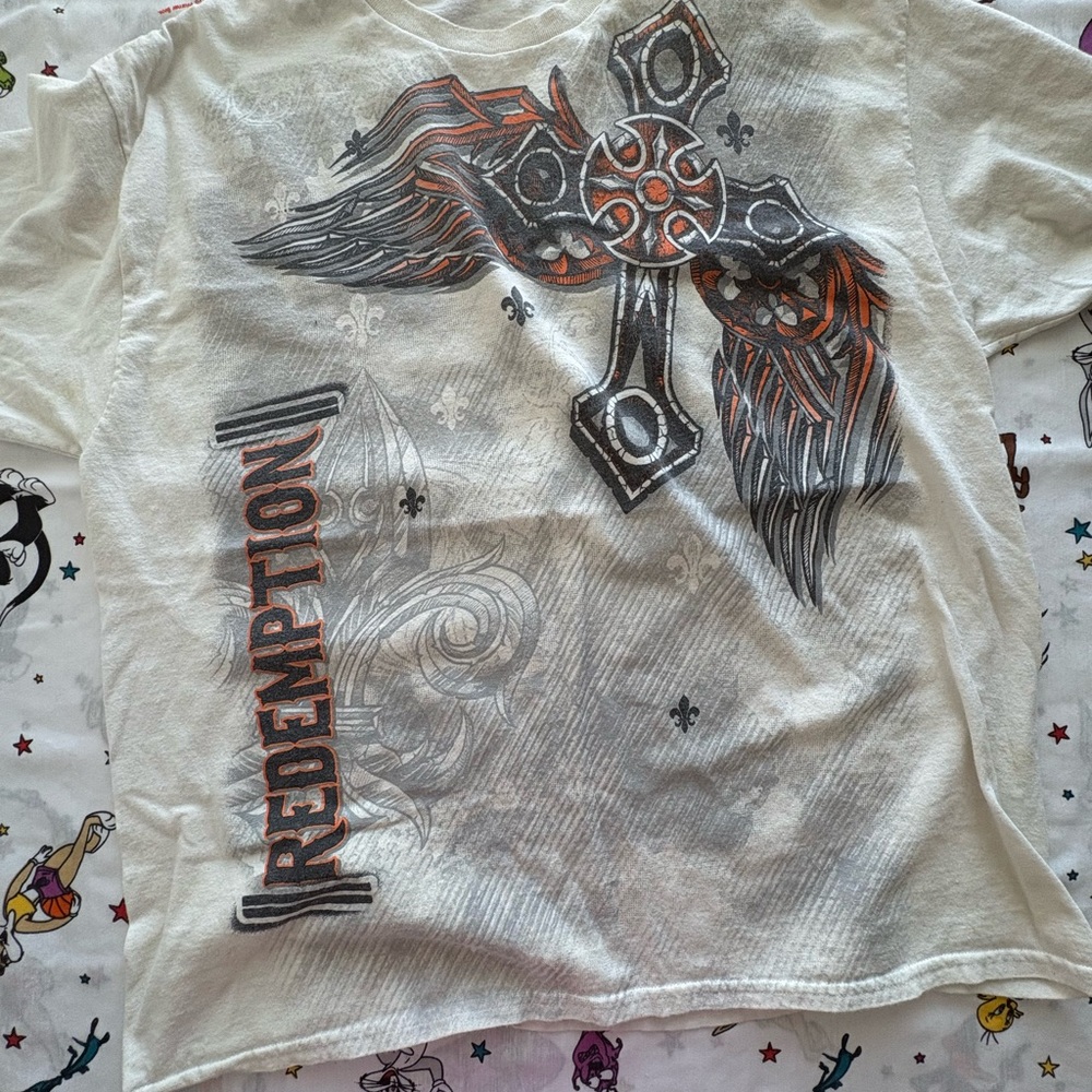 Hanes Cream Tee with Cross and Wings Design